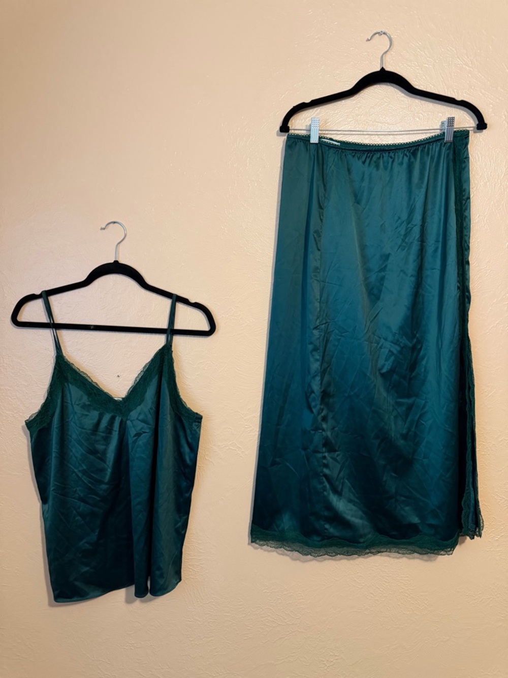 Teal Satin Lace-Trim Camisole & Slip Skirt Set